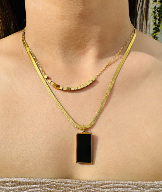 TweeDorbs Double - Layer Black Malachite Square Necklace